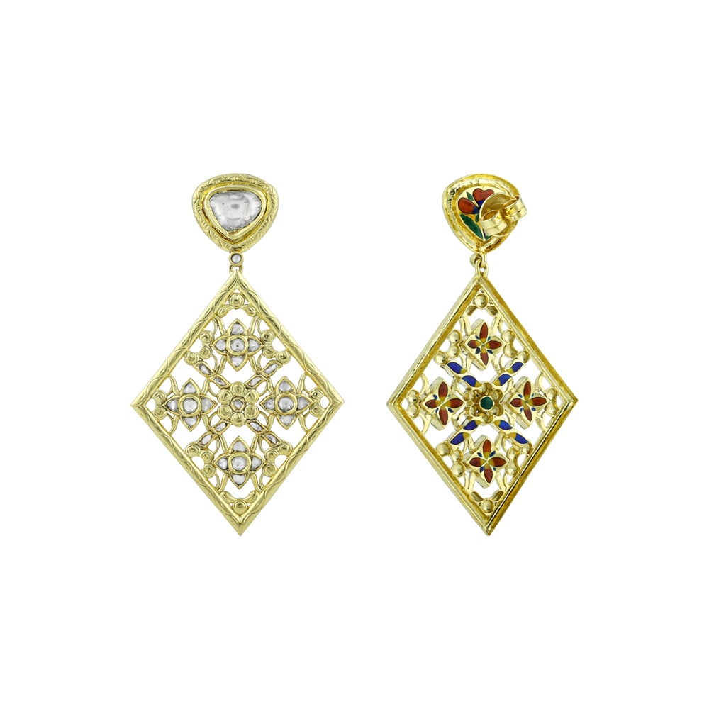 Polki Earrings with Gold Lattice Design